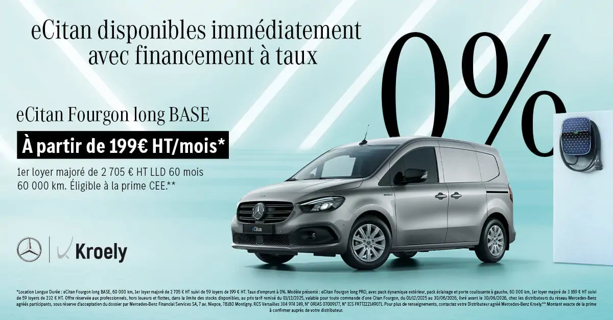 Profitez du eCitan à partir de 199€ HT/mois* avec financement à taux 0% jusqu'au 30 juin 2026 !