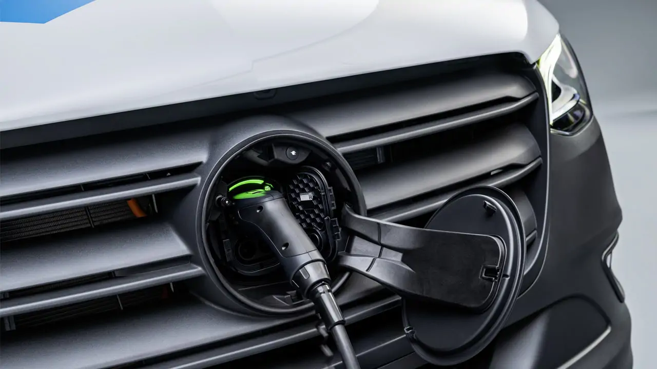 eSprinter branché à une borne de recharge grâce à sa prise de charge située derrière le logo Mercedes