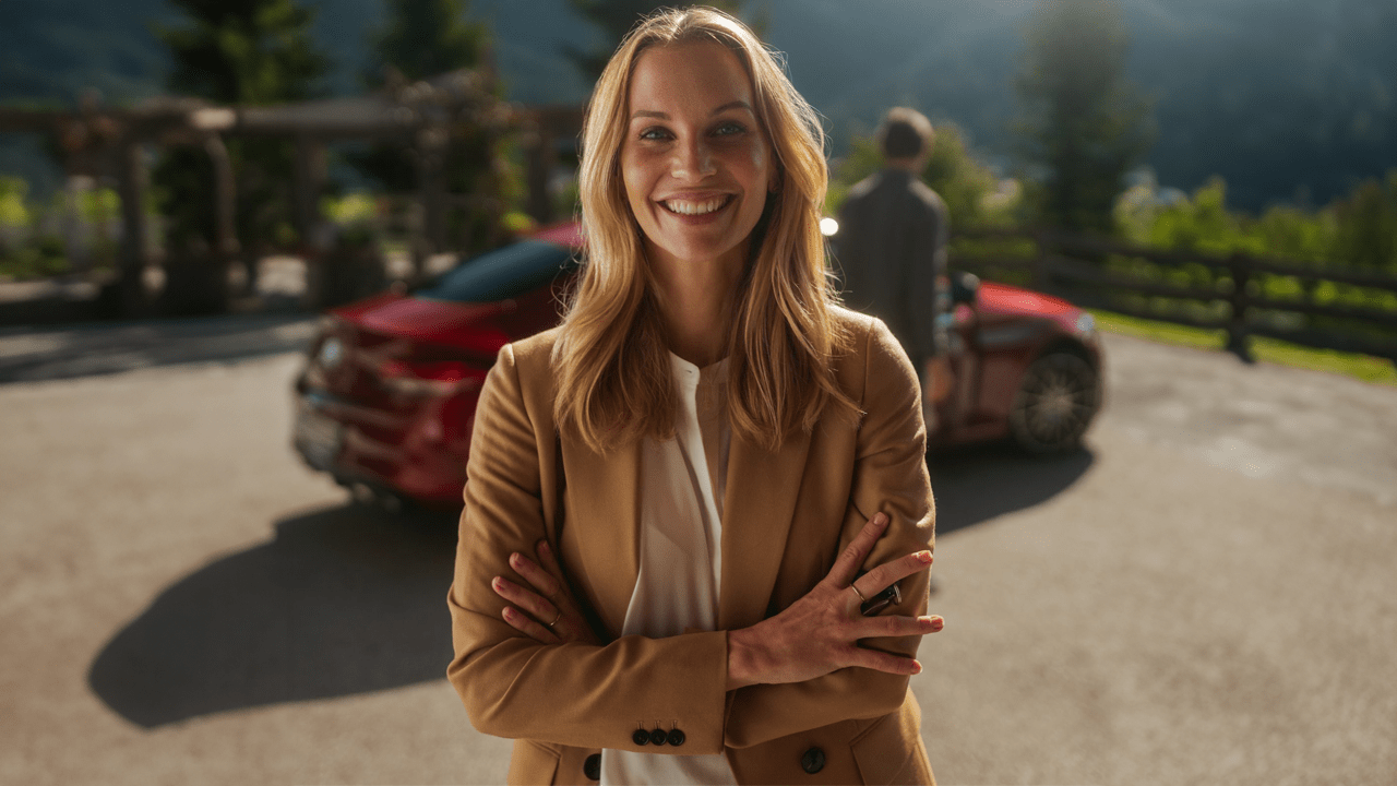 Conseillère Mercedes dans une concession avec une voiture en arrière plan